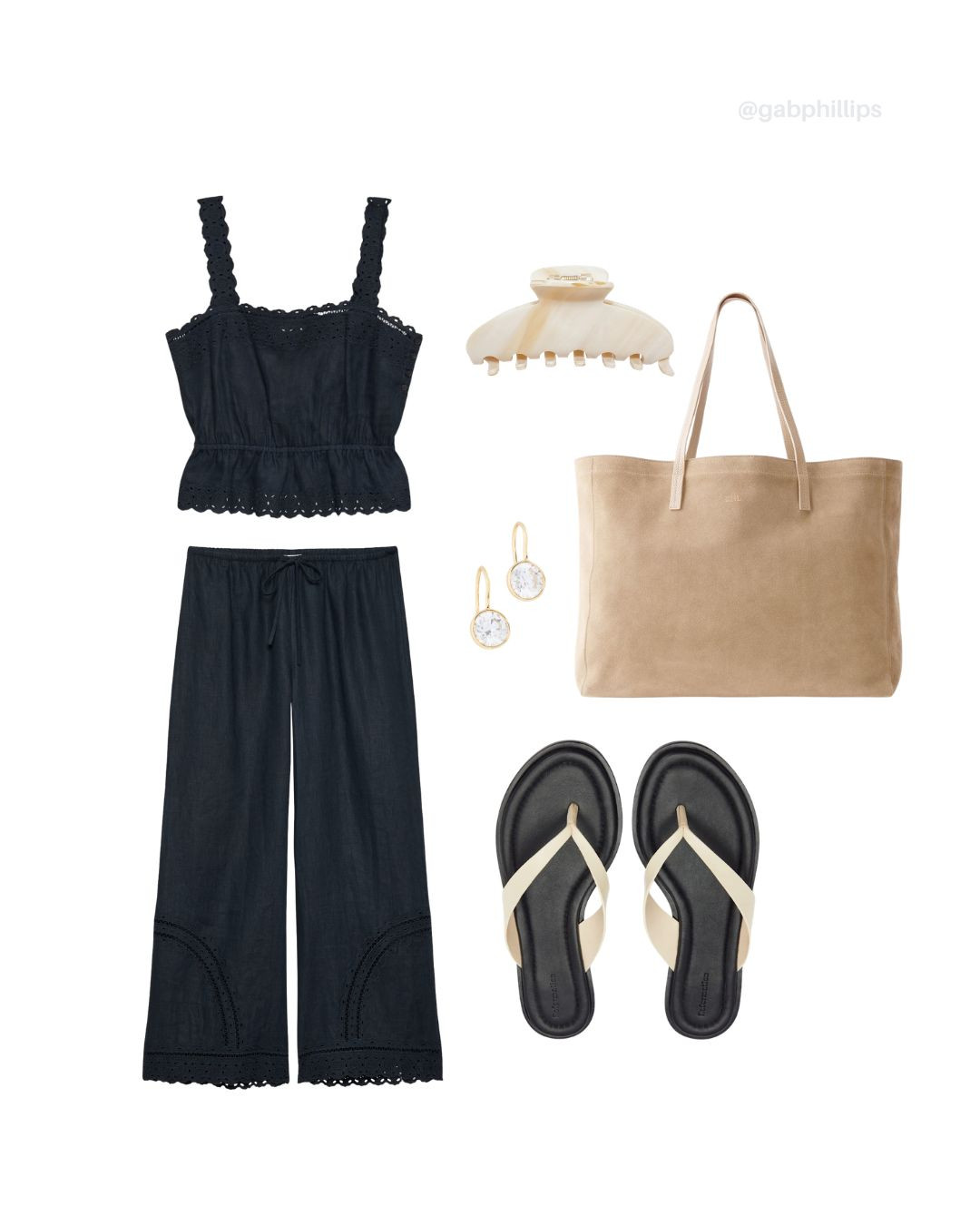 Matching set for spring summer

(Black matching set, tan accessories, flip flops, tote bag, hair clip) 

 #LTKSeasonal
