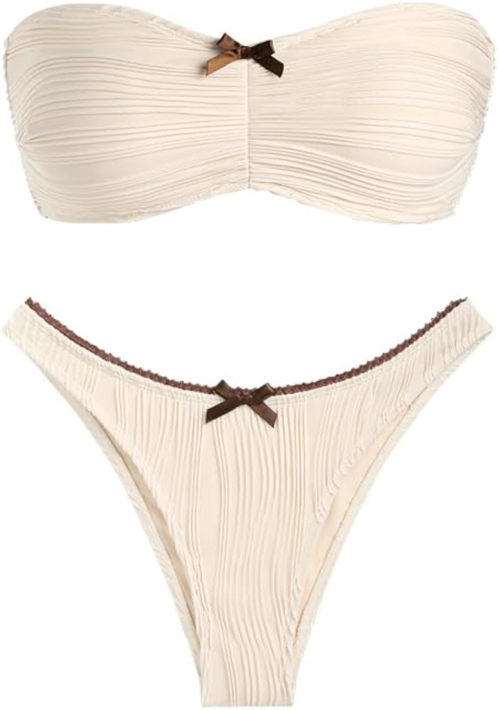 ZAFUL Women's Strapless Bikini Openwork Textured Bow Ruched Lace Up High Cut Bandeau Swimsuit Bat... | Amazon (US)