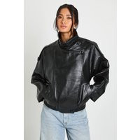 boohoo Women's Faux Leather Funnel Neck Jacket in Black | Size: Medium | Denim/Faux Leather | boohoo (US & Canada)