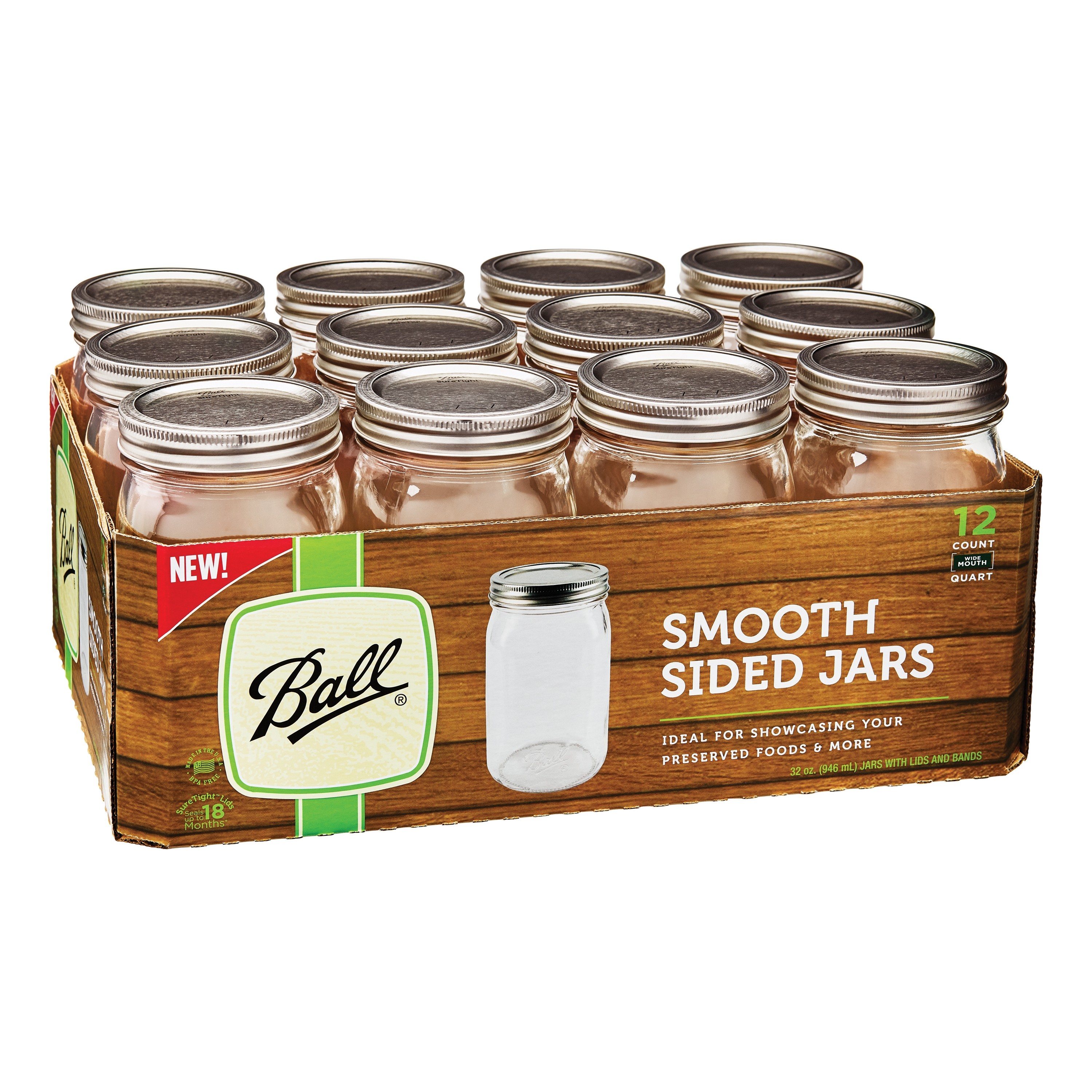Ball Smooth Glass Mason Jar With Lid & Band, Wide Mouth, 32 Ounces, 12 Count | Walmart (US)