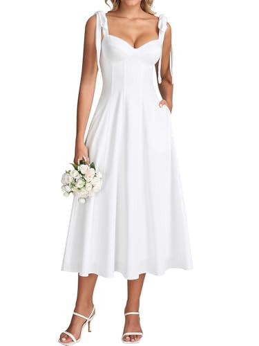 KUTUMAI Floral Corset Midi Dress Tie Shoulder Flowy Summer Wedding Guest Dresses for Women Sundress with Pockets White L | Amazon (US)