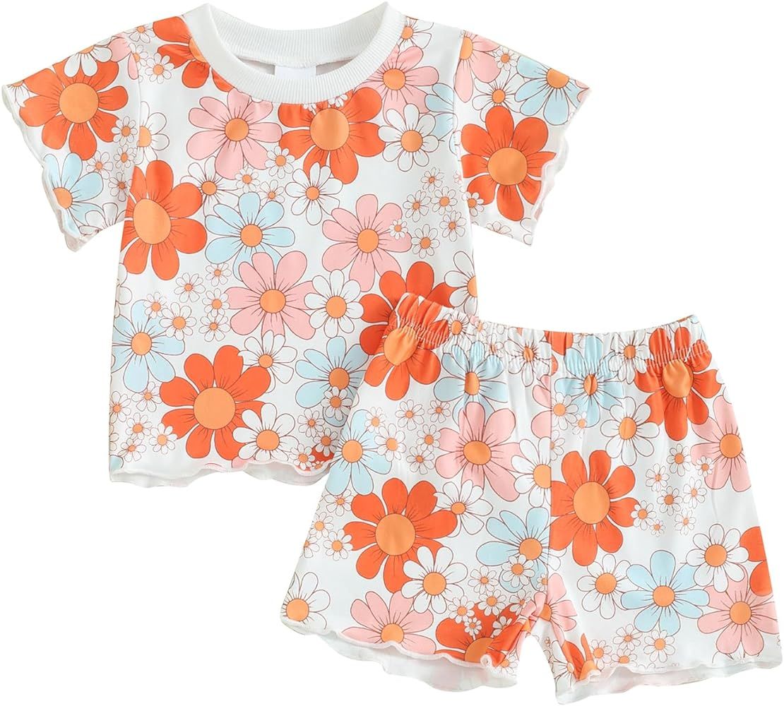 fhutpw Toddler Baby Girls Summer Outfits Daisy Ruffle Short Sleeve T-Shirts Tops Floral Shorts 2P... | Amazon (US)