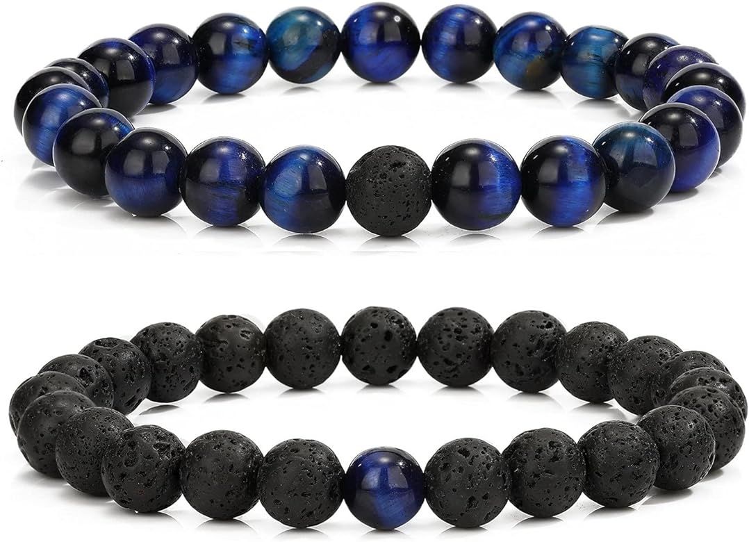 MengPa Mens Beaded Bracelets Couples Matching Bracelet Set Matte Lava Rock Beads for Women Stone ... | Amazon (US)
