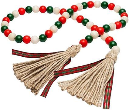 R HORSE Christmas Wood Beads, 41’’ Wood Bead Garland Tassel Green&Red Tassel Garland Farmhous... | Amazon (US)