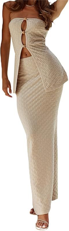 Women Two Piece Maxi Skirt Set Crochet Knit Sleeveless Backless Hollow Out See Through Bikini Cov... | Amazon (US)
