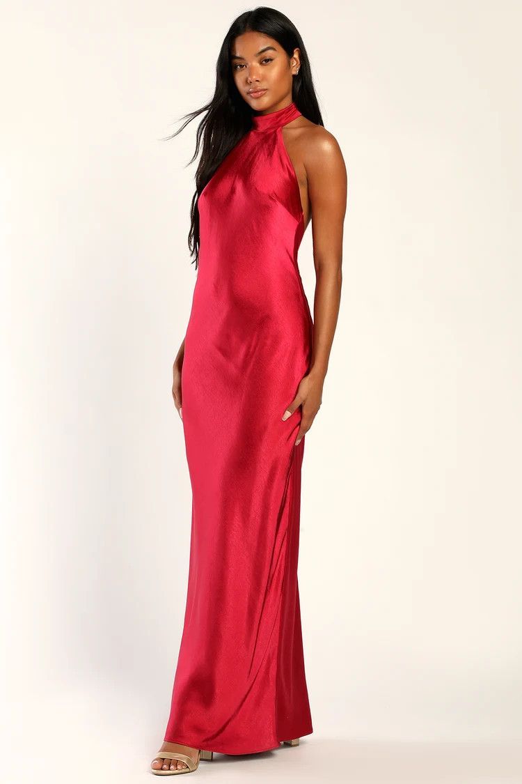 Red Satin Halter Maxi Dress | Red Satin Dress | Red Maxi Dress | Cocktail Dress | Spring Outfits  | Lulus (US)