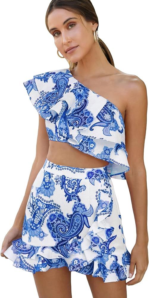 Floerns Women's 2 Piece Outfit One Shoulder Crop Top with Ruffle Trim Skirt Set | Amazon (US)