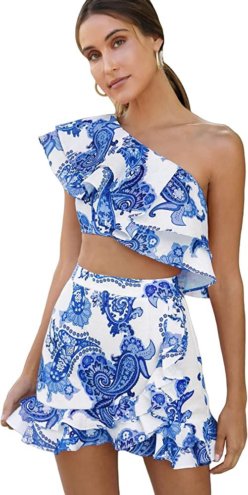 Floerns Women's 2 Piece Outfit One Shoulder Crop Top with Ruffle Trim Skirt Set | Amazon (US)