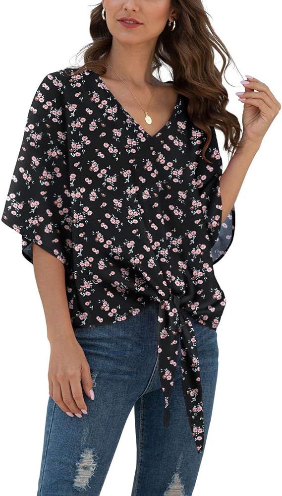 VIISHOW Womens Floral Tie Front Chiffon Blouses V Neck Batwing Short Sleeve Summer Tops Shirts | Amazon (US)