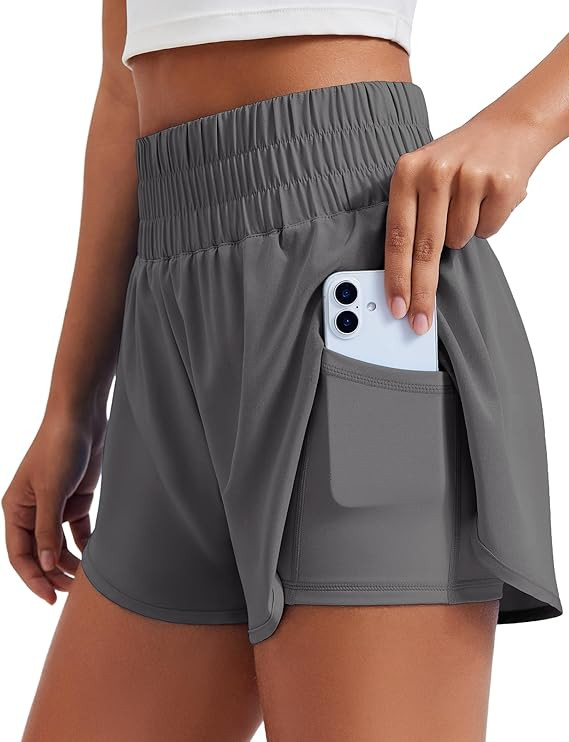 PINSPARK Women's 2 in 1 Running Shorts High-Split Athletic Short High Waisted 3" Liner Workout Gy... | Amazon (US)