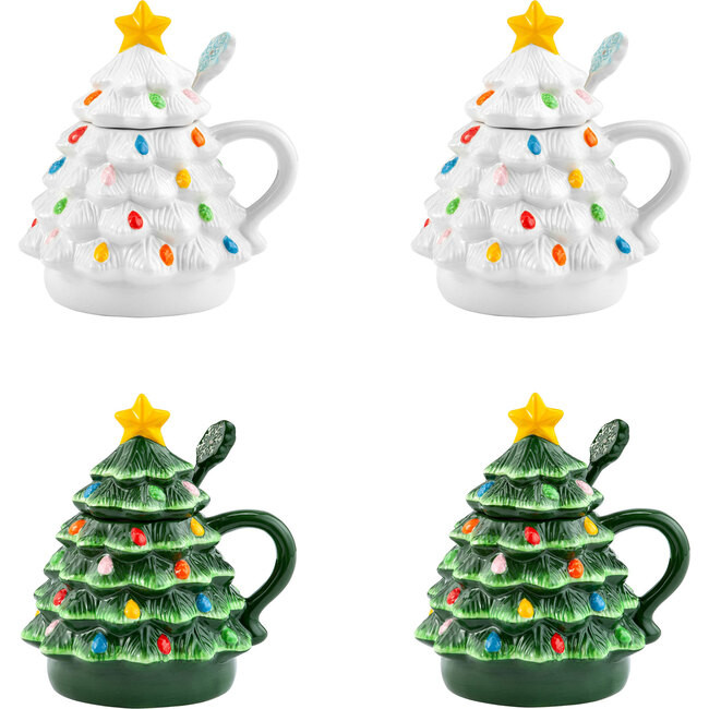 Nostalgic Tree Mugs with Lid & Spoon, Green and White Set of 4 - Mr. Christmas Exclusives | Maiso... | Maisonette
