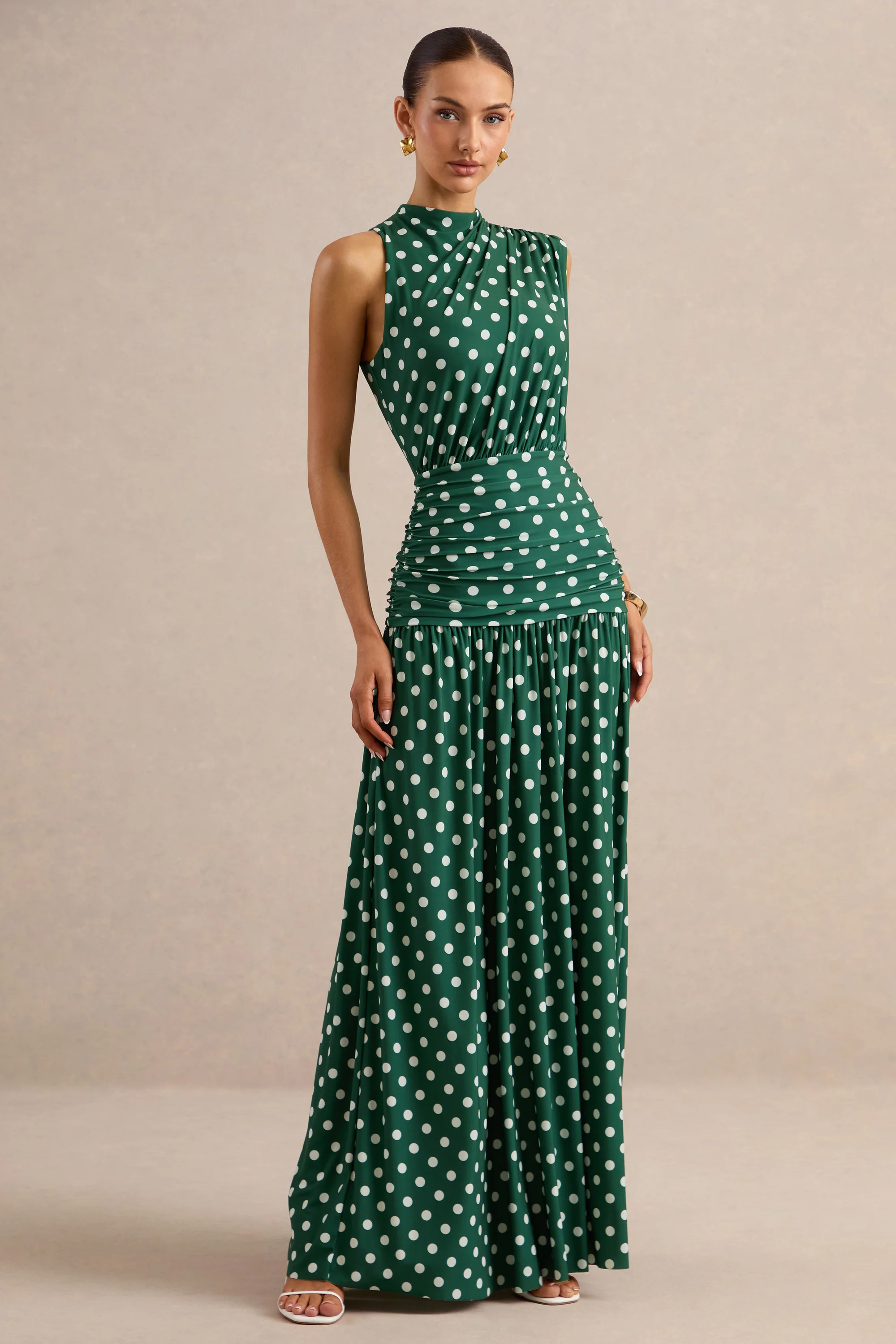 Kelis | Green Polka-Dot High-Neck Maxi Dress With Draped Detailing | Club L London