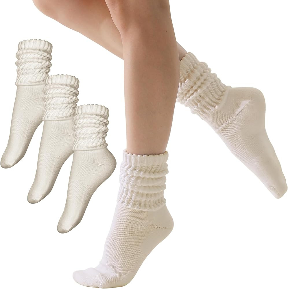 3-Pair Cotton Crew Slouch Socks Womens Scrunch Ribbed Soft Retro Boot Calf Sock | Amazon (US)