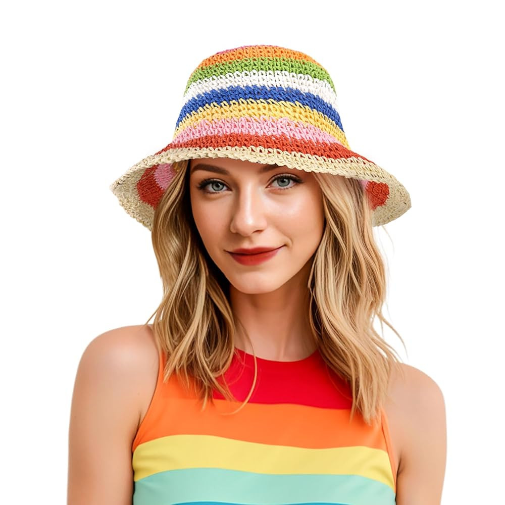 DOCILA Womens Colorful Rainbow Striped Floppy Straw Sun Hats Stripes Crochet Bucket Hat Packable ... | Amazon (US)