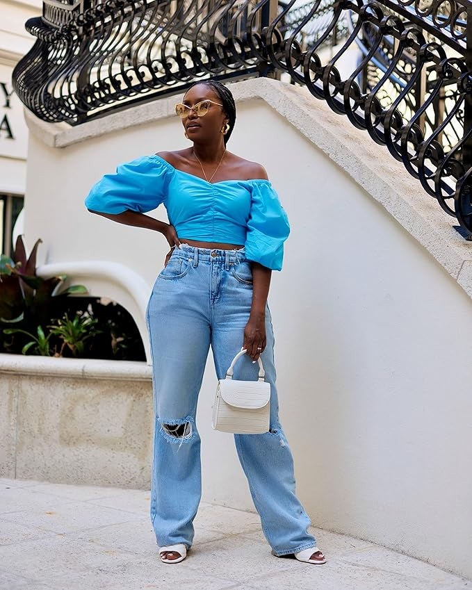 The Drop Women's Cyan Blue Puff Sleeve Sweetheart Top by @tenickab | Amazon (US)