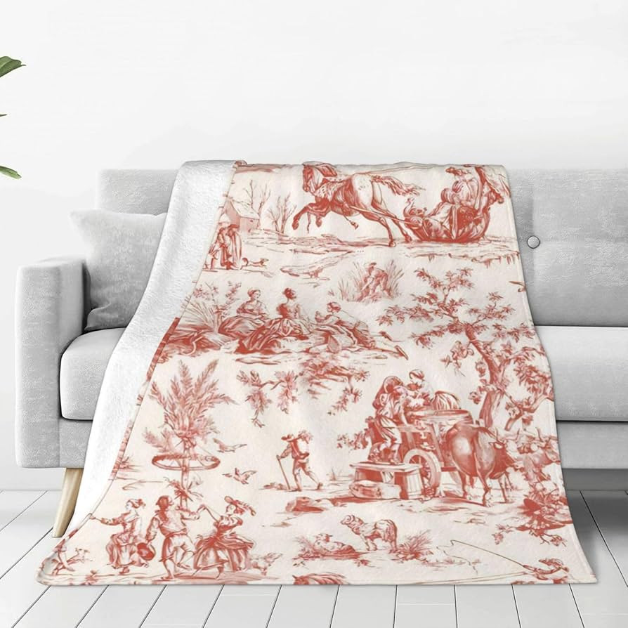 Red French Country Toile Pattern Ultra-Soft Micro Fleece Flannel Blankets, Anti-Pilling, Travel/O... | Amazon (US)