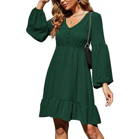 Beiwei Women Loose T-shirt T Shirt Dress V Neck Casual Dresses Ladies Solid Color Holiday Dress Gree | Walmart (US)