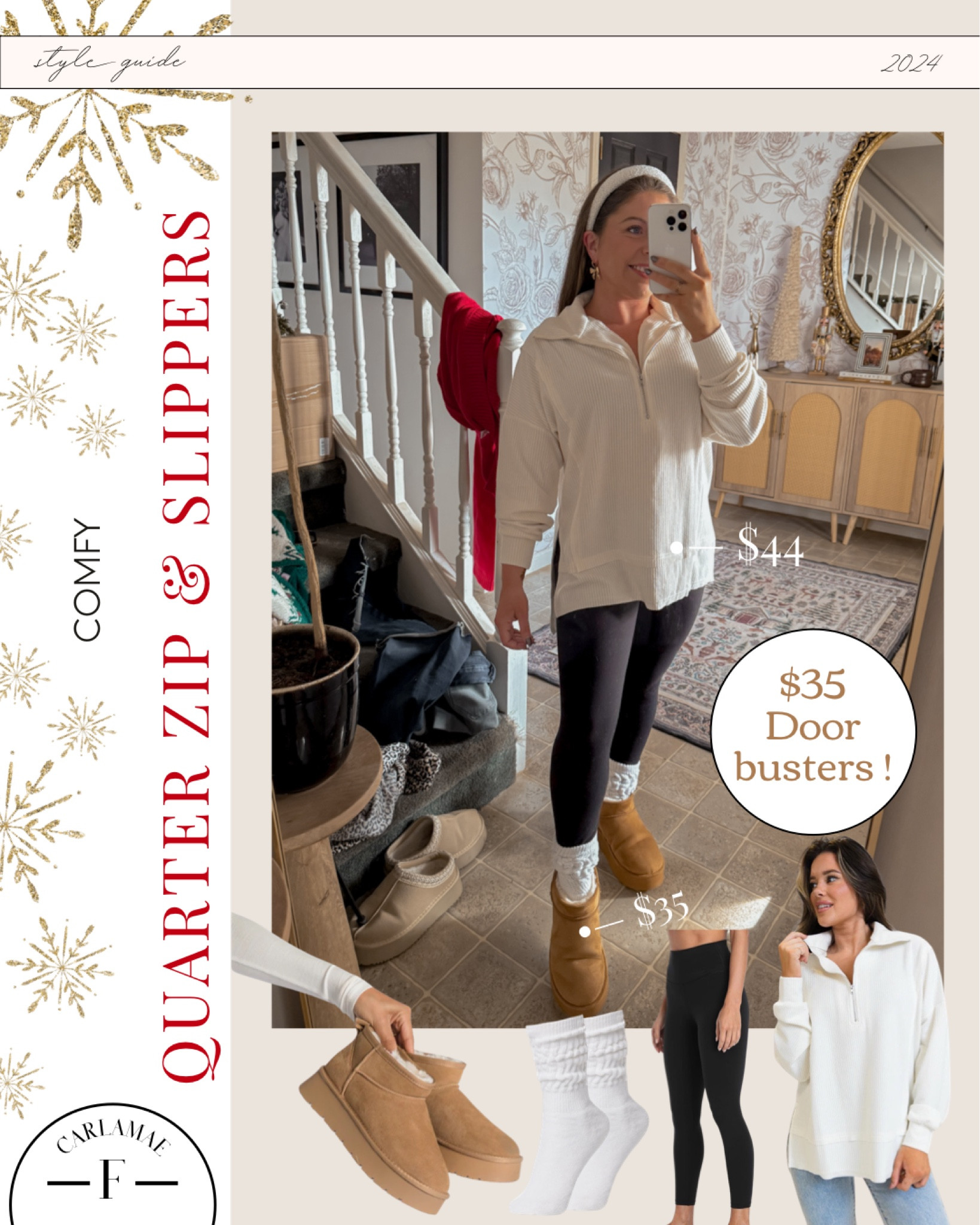 White quarter zip up, black leggings, scrunchy socks, white socks, boot socks, tan slippers, platform slippers, pink lily style 

#LTKGiftGuide #LTKSaleAlert #LTKFindsUnder50