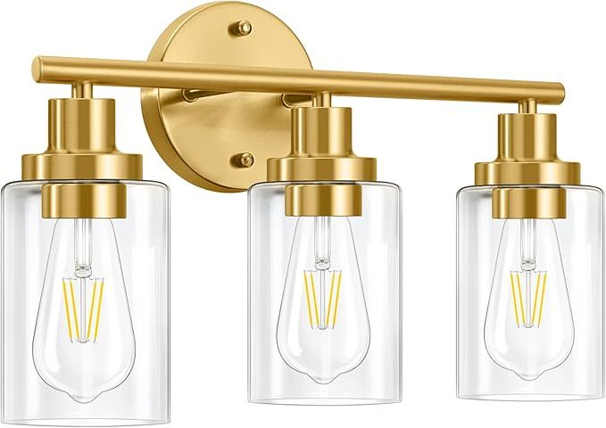 Apenath Brushed Brass Vanity Wall Light Fixtures, 3 Lights Wall Sconce with Clear Glass Shade, Mo... | Amazon (US)