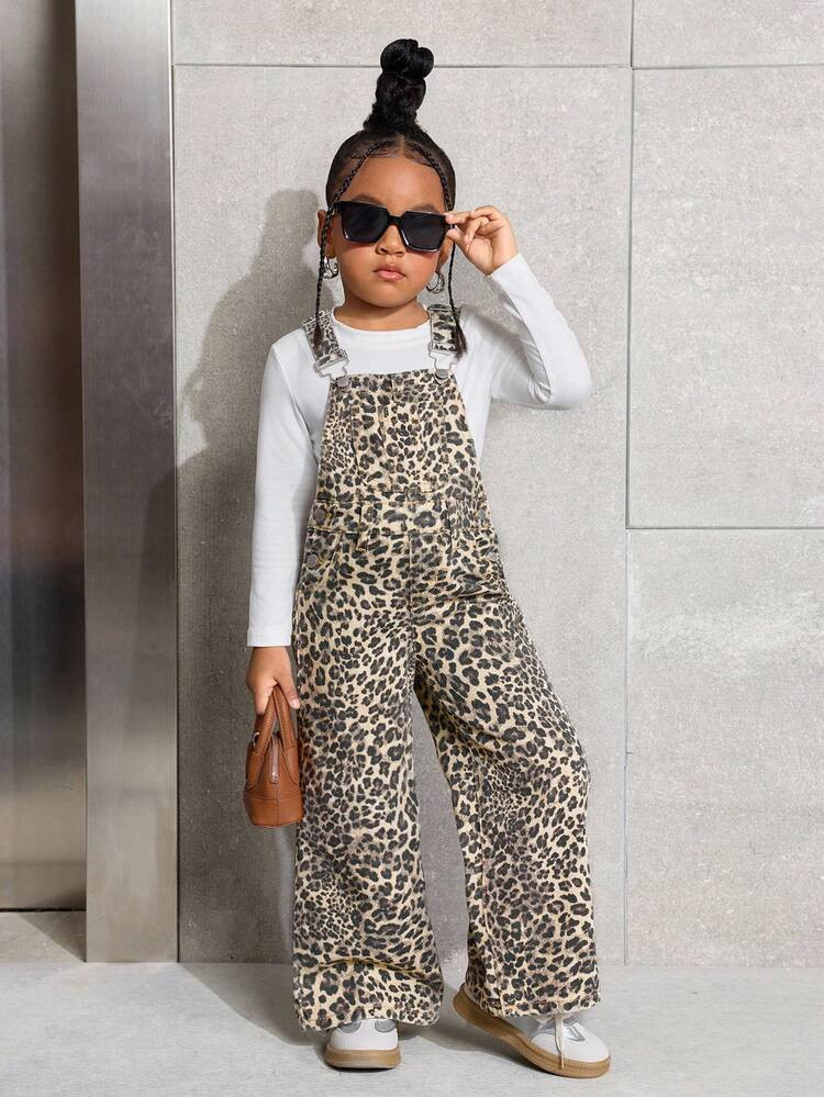 SHEIN Young Girls' Y2K Fashionable Leopard Print Denim Overalls,Fall Kid's Casual And Comfortable Wear,2000s Style,Back To School Clothes,Winter Clothes, Toddler Girl Leopard Overalls | SHEIN