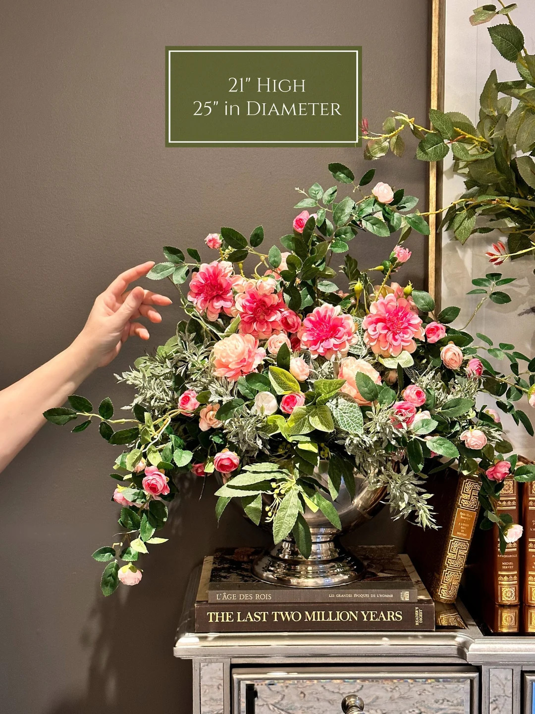 X-LARGE Floral Centerpiece, Trailing Pink Briar Rose Vines, Dahlias, Roses & Ferns, Vintage Silve... | Etsy (US)