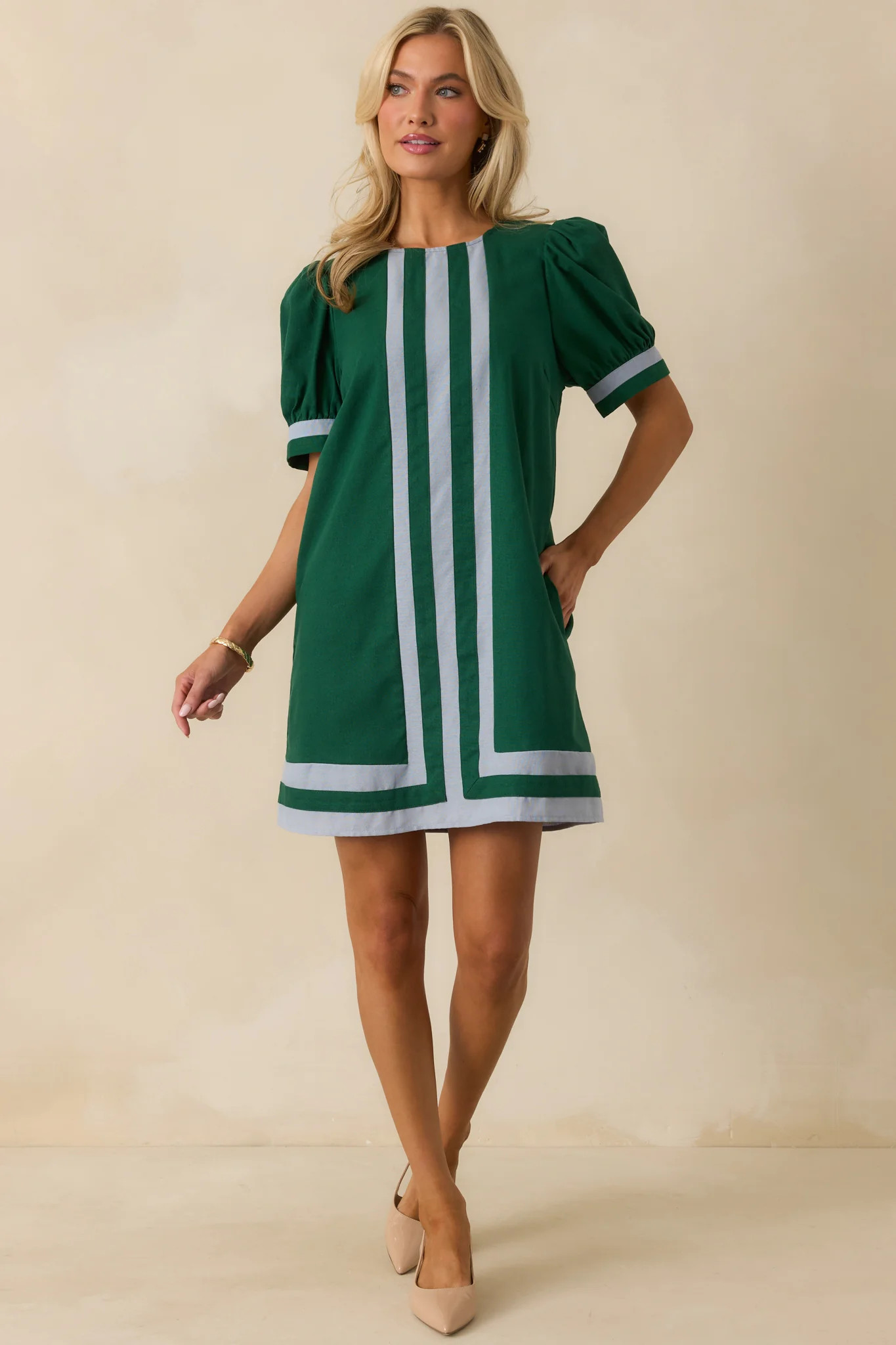 Here For This Hunter Green Linen Blend Contrast Trim Mini Dress | Red Dress