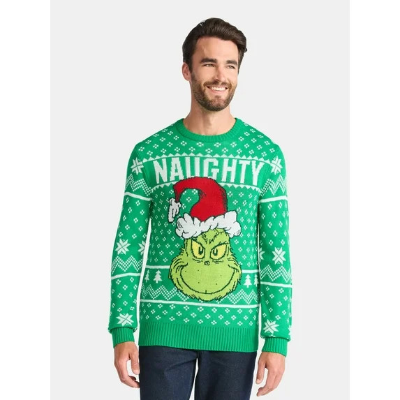 Dr. Seuss Grinch Naughty Men's and Big Men's Holiday Ugly Christmas Sweater, Sizes XS-3XL - Walma... | Walmart (US)