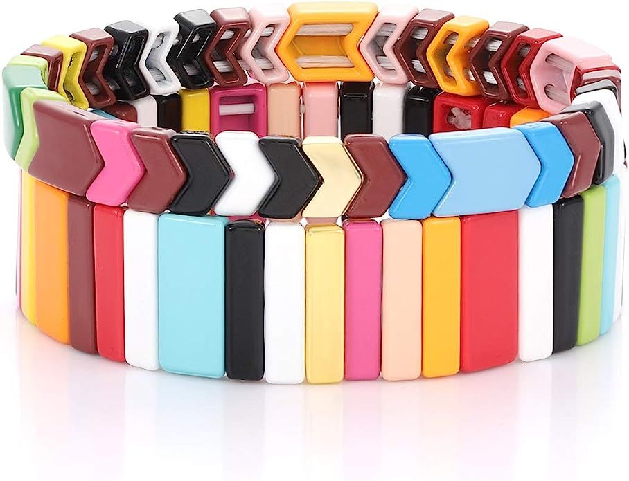 Boderier Enamel Tile Bracelet Set Rainbow Colorful Chevron Bar Stackable Tile Bead Bracelet Color... | Amazon (US)