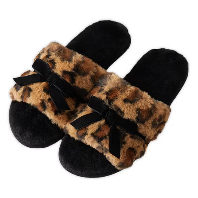 Roxoni Women’s Fuzzy Leopard Print Slippers with Bow – Cozy Plush Indoor House Slides, Soft Memory Foam, Non-Slip Sole Black Small | Target