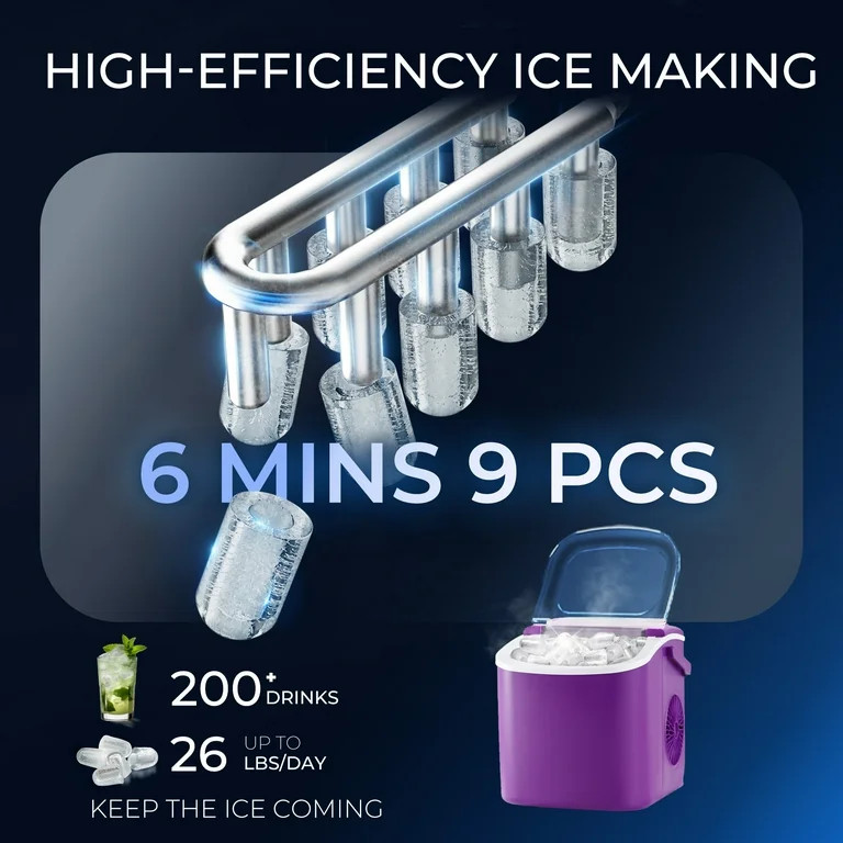 Simzlife 26 lbs/24H Countertop Ice Maker Machine, 9 Bullet-Shaped Ice in 6 Min, Auto-Cleaning | Walmart (US)