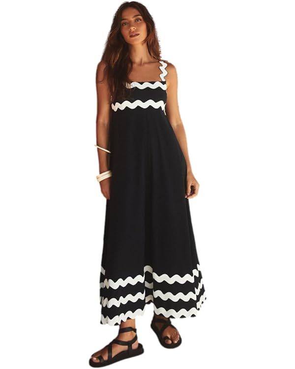 Women Spaghetti A-line Striped Dresses Summer Boho Square Neck Midi Dress | Amazon (US)