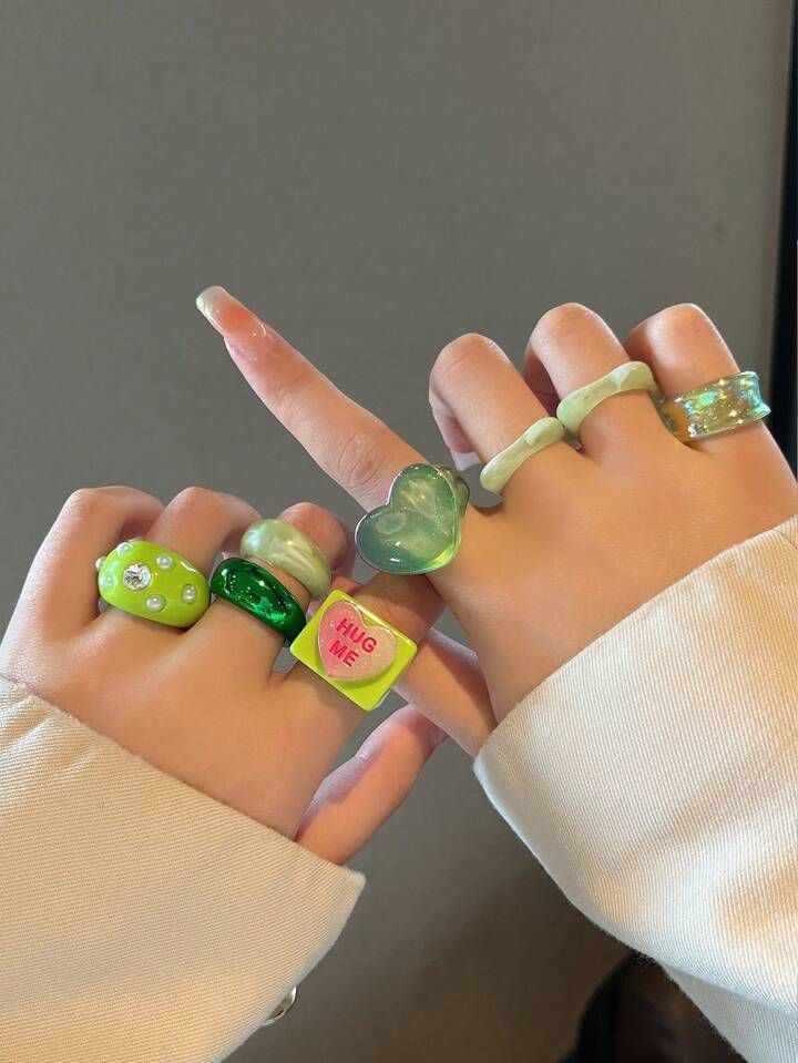 8pcs/Set Trendy And Cute Green Color Ring Set For Women, Including Heart-Shaped, Square-Shaped An... | SHEIN