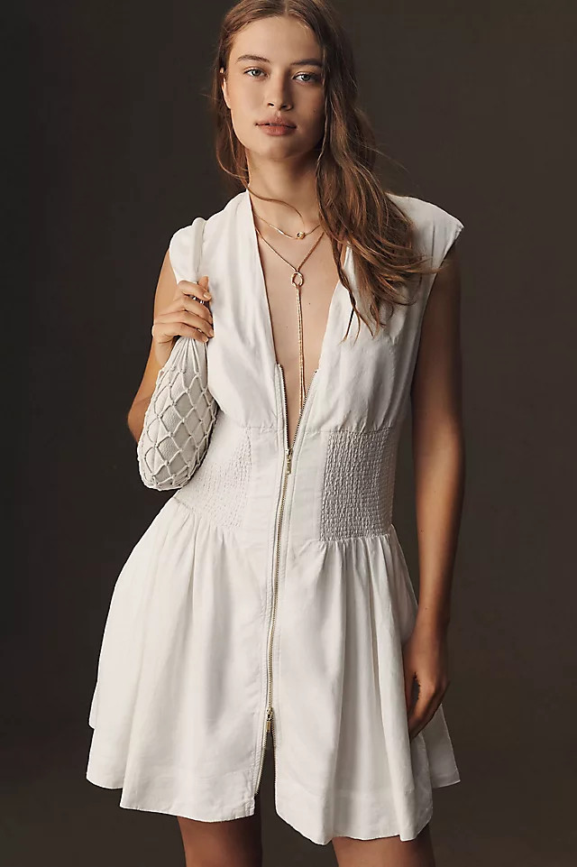 Maeve The Tommie Cap-Sleeve Smocked Front-Zip Shirt Dress: Linen Mini Edition | Anthropologie (US)