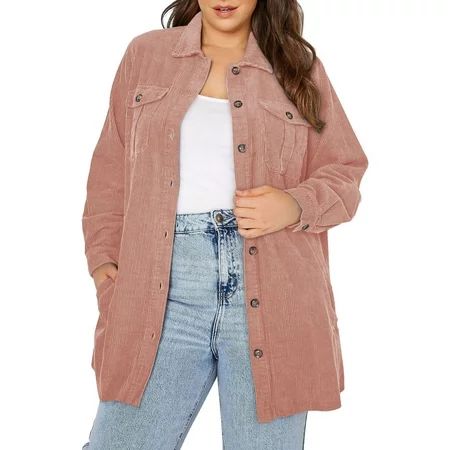 Aleumdr Womens Pink Plus Size Shacket Long Sleeve Button Down Boyfriend Shirts Casual Plaid Jacket C | Walmart (US)