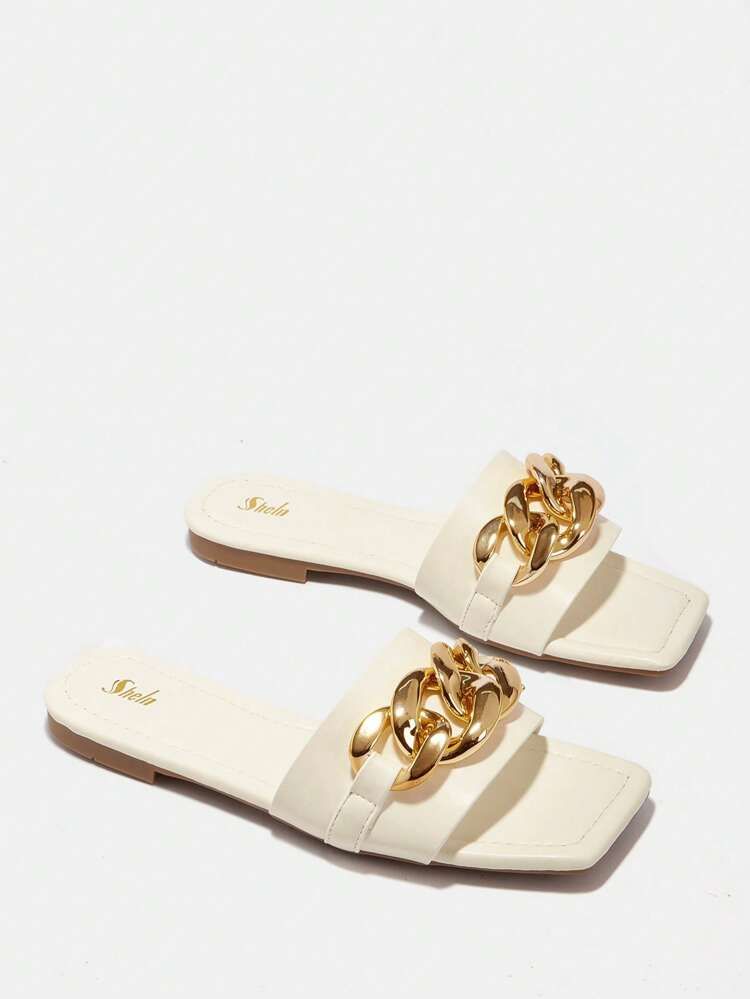 SHEIN BIZwear Women Chain Decor Slide Sandals, Fashion Summer Flat Sandals
       
              ... | SHEIN