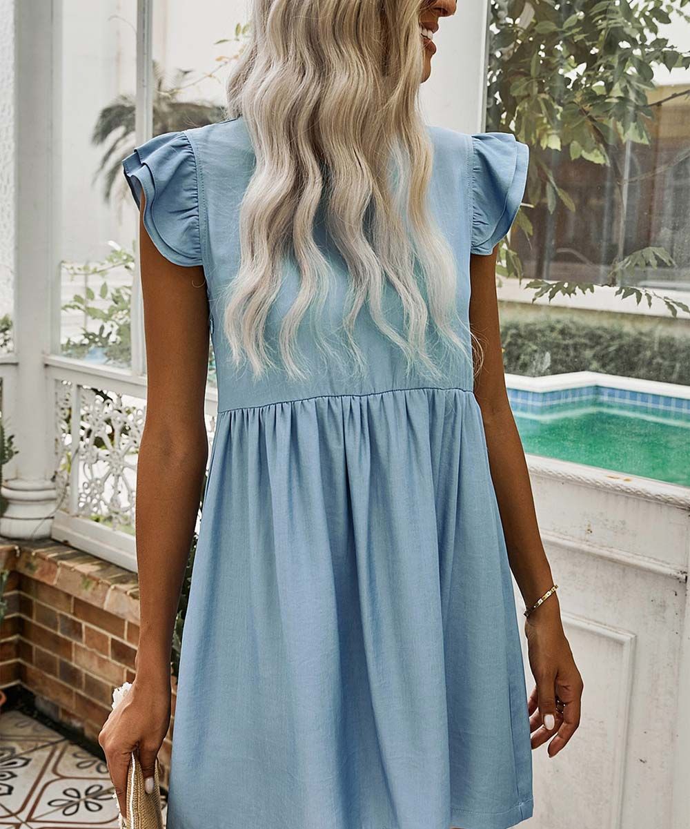 Zesica Women's Casual Dresses Sky - Sky Blue Ruched Angel-Sleeve Empire-Waist Dress - Women | Zulily