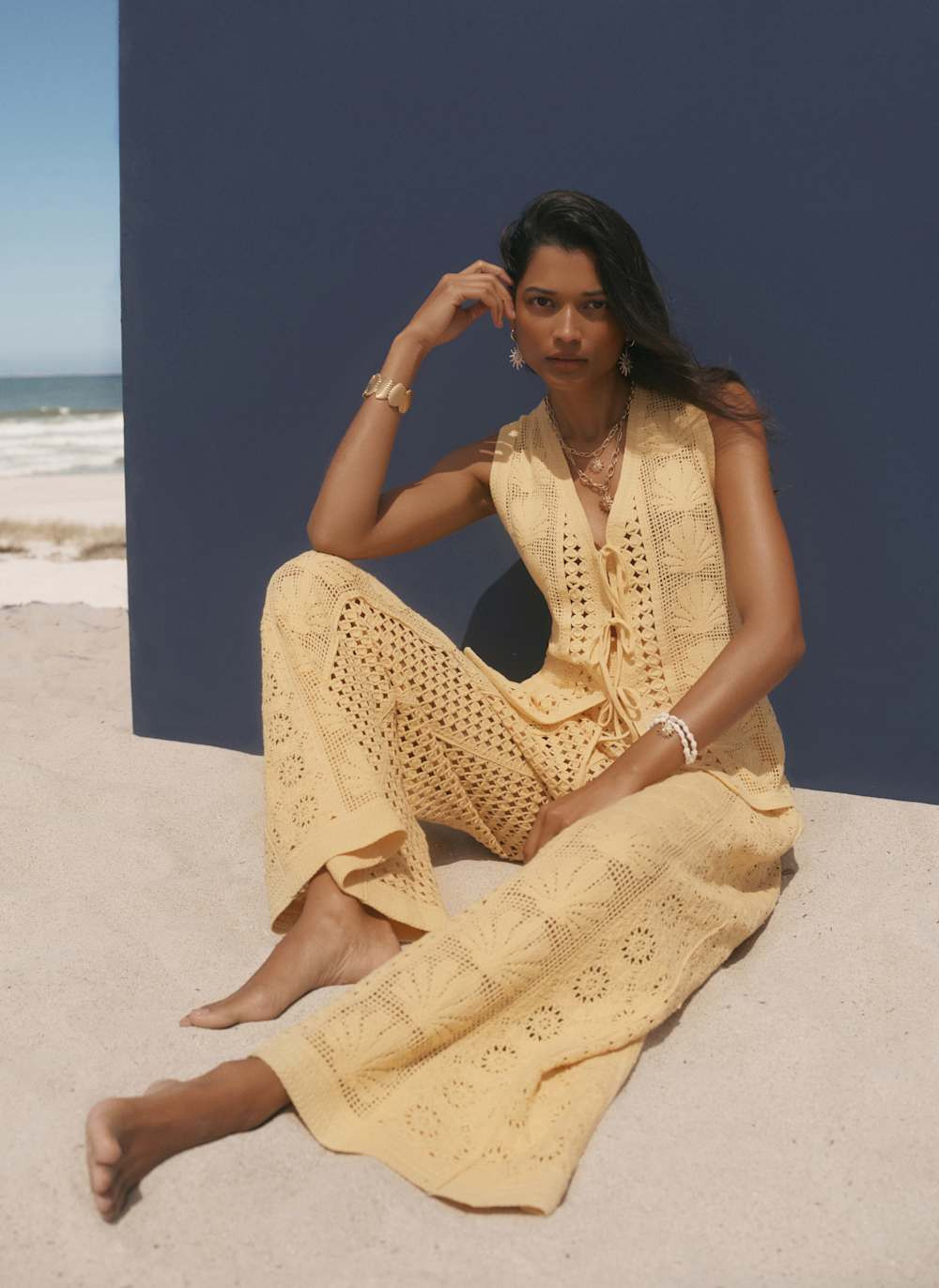 Yellow Crochet Shell Trousers | Mint Velvet