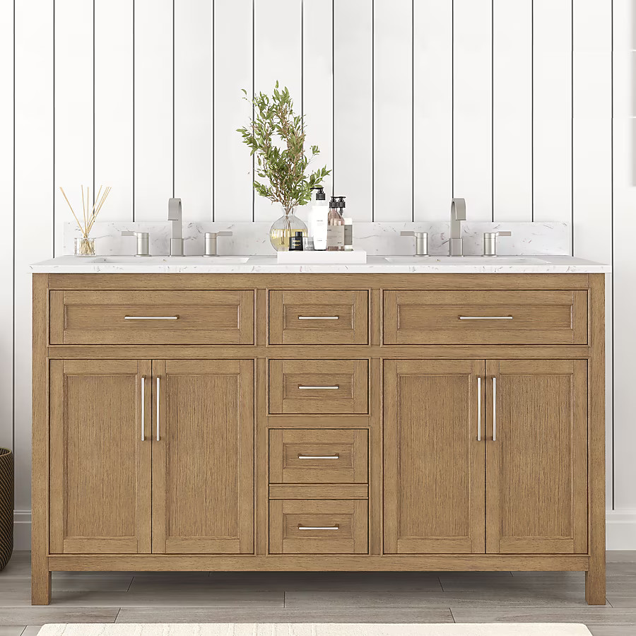 allen + roth Connery 60-in Golden Oak Undermount Double Sink Bathroom Vanity with White Engineere... | Lowe's