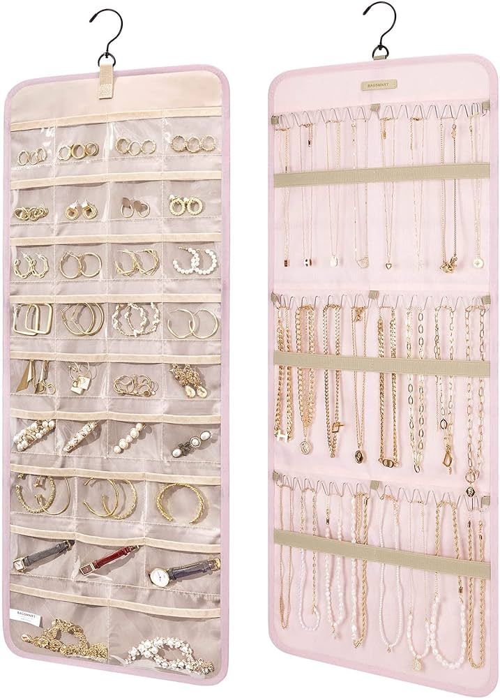 BAGSMART Hanging Jewelry Organizer Storage Roll with Hanger Metal Hooks Double-Sided Jewelry Hold... | Amazon (US)