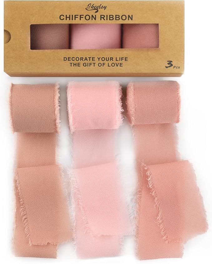 Chiffon Ribbon Fringe Gift Ribbon 3 Rolls 1.5" Wide x 7 Yd Dusty Rose Ribbons Set for Wedding Dec... | Amazon (US)