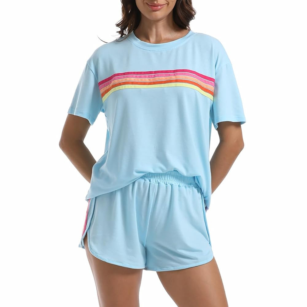 Women's 2 Piece Striped Travel Outfits: Casual Matching Athletic Sweatshirt & Shorts Set - Lounge... | Amazon (US)