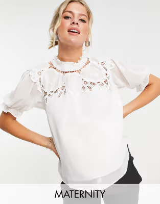 Hope & Ivy Maternity oversized collar blouse with broderie in ivory | ASOS (Global)