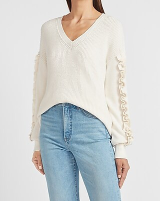 Ribbed Ruffle Sleeve V-Neck Sweater | Express