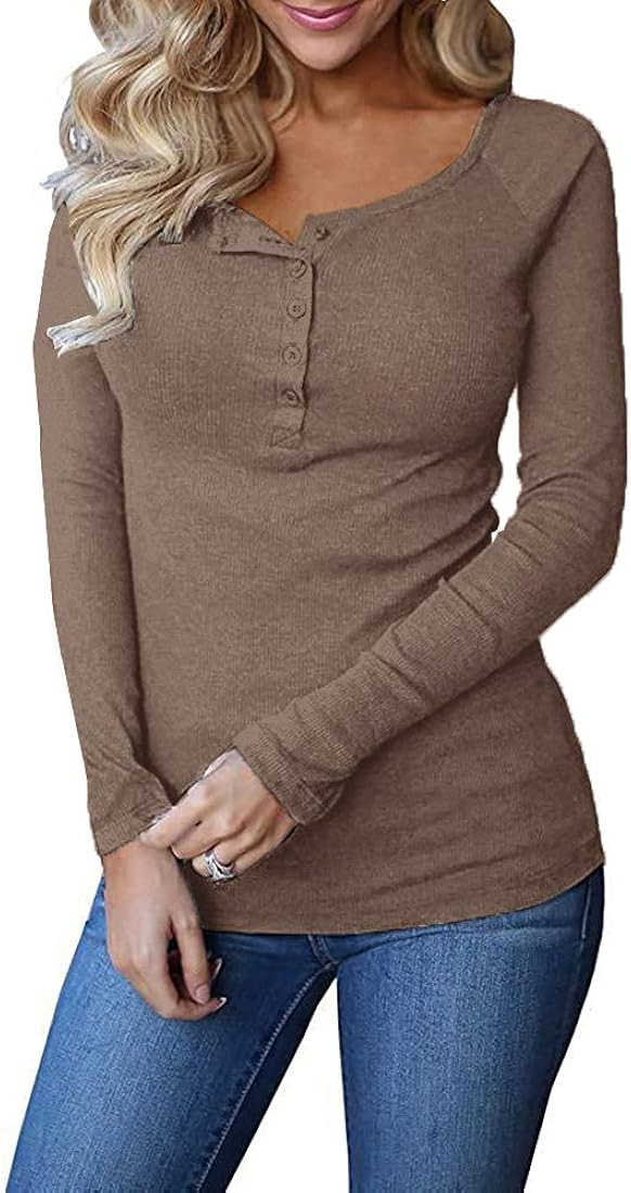 Remikstyt Womens Long Sleeve Henley Shirts Ribbed Button Down Casual Tunic Tops | Amazon (US)
