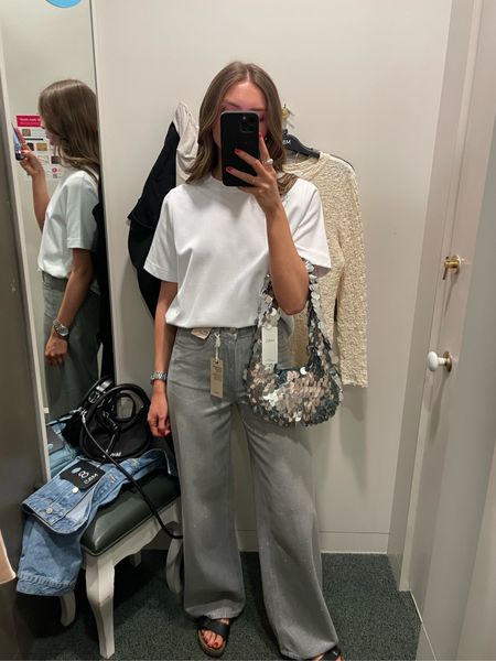M&S try on
Cotton Rich t-shirt
Silver jeans (trying a size 8 long) 
Im 5ft 6 

Sequin bag 