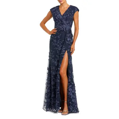 Mac Duggal Faux Wrap Embroidered Cap Sleeve Gown in Midnight at Nordstrom, Size 10 | Nordstrom