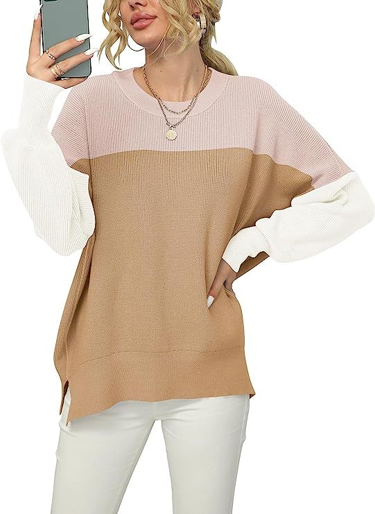 LOGENE Women's Oversized Batwing Long Sleeve Crewneck Side Slit Ribbed Knit Pullover Sweater Tops... | Amazon (US)