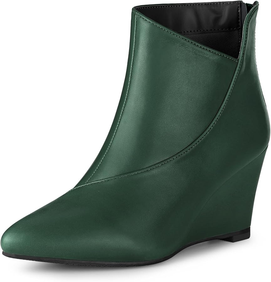 Allegra K Women's Pointed Toe Zipper Wedge Heel Ankle Booties | Amazon (US)