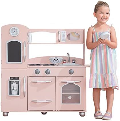 Teamson Kids - Retro Play Kitchen with Refrigerator. Freezer. Oven and Dishwasher - Pink (1 Pcs) | Amazon (US)