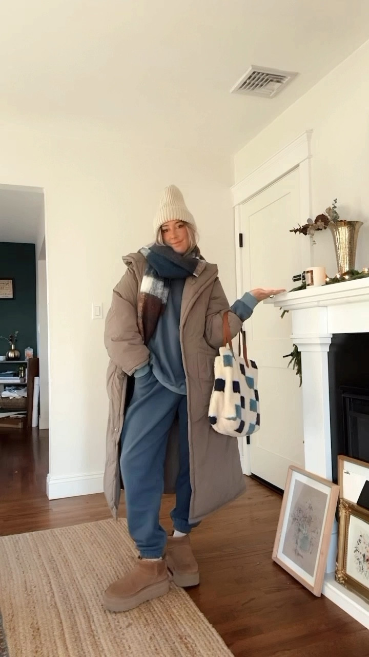 Cold weather outfit! Headed up state and will basically be living in this 🤍 comment SHOP for the styling pieces! Exact coat linked (wearing XS!) Sweat set is @howdoyouwearthat and it drops Tuesday 2.4 at 12PM EST! Comes in 3 colors (copper, blue and light gray!) 